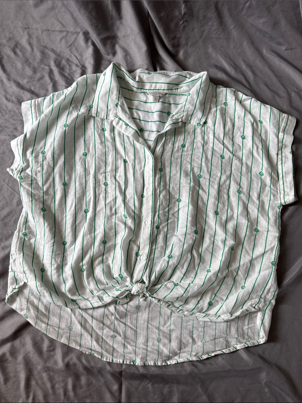 Lucky Brand White Button-Front Tie Hem Shirt with Green Stripes